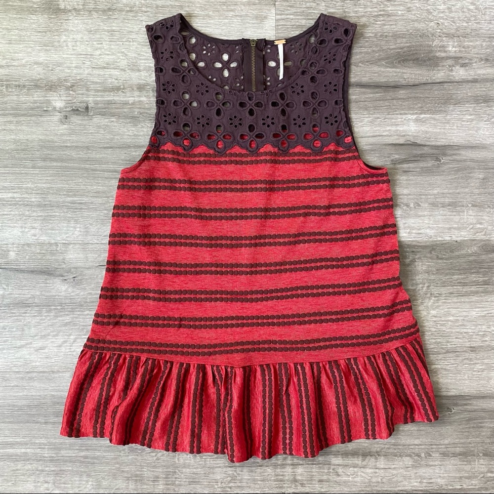 Free People Boho Red Striped Sleeveless Floral Eyelet Top Small